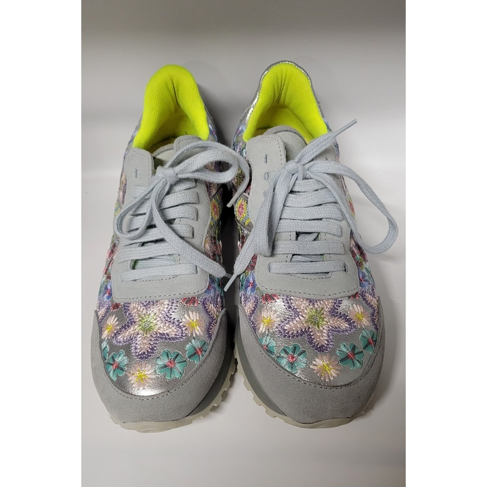 Gray Suede W M/C Floral Stitching Trim Johnny Was Lace Up Sneakers Size 37 - Picture 2 of 9